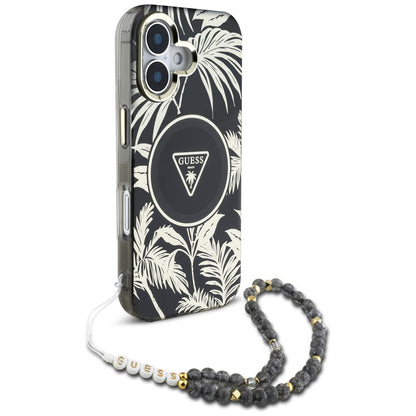 Puzdro MagSafe pre Apple iPhone 16, Guess, IML Palm Trees Triangle with Pearl Strap, Čierne