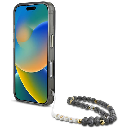 Puzdro MagSafe pre Apple iPhone 16, Guess, IML Palm Trees Triangle with Pearl Strap, Čierne