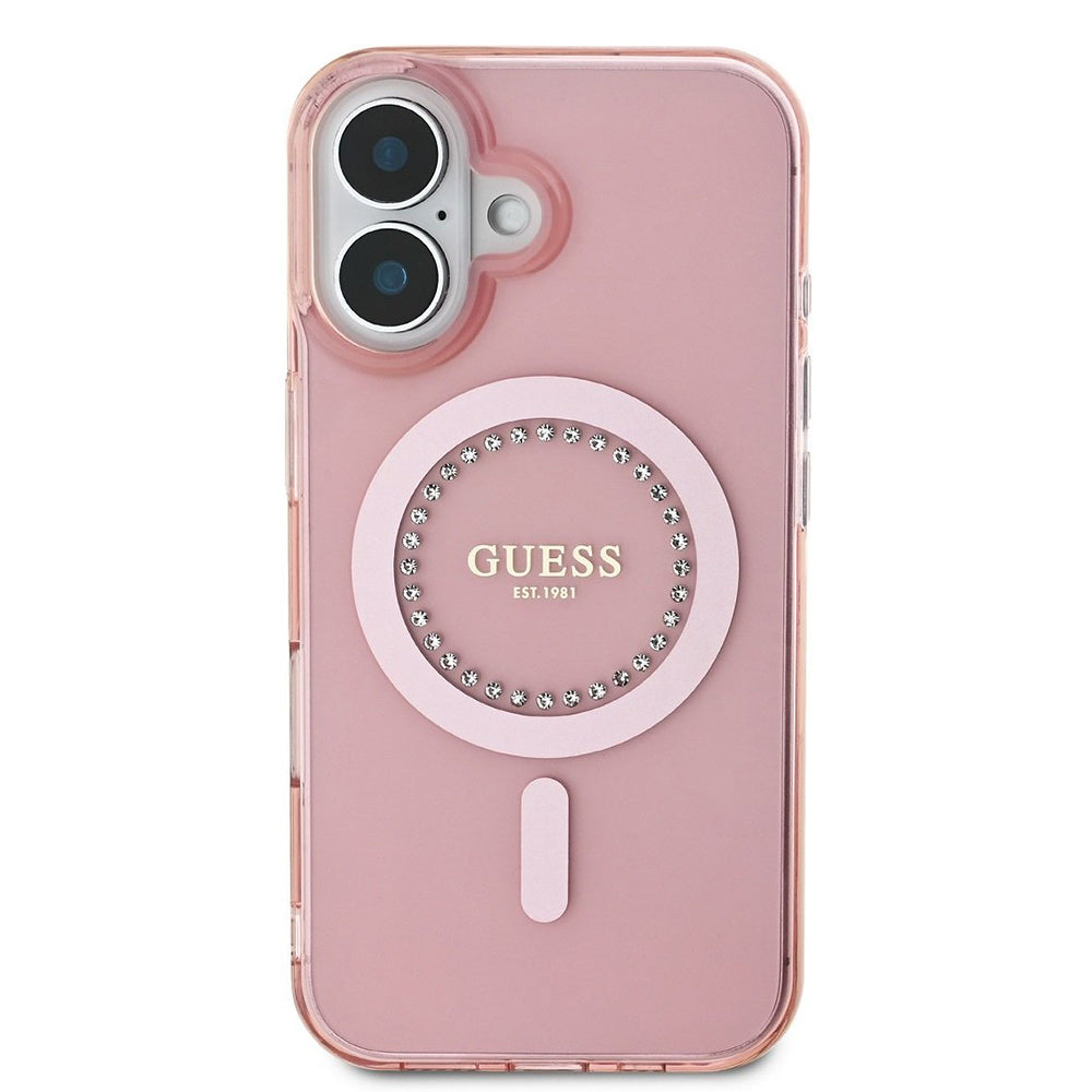 Puzdro MagSafe pre Apple iPhone 16, Guess, IML Rhinestones Ring, Ružové GUHMP16SPFTDTEP