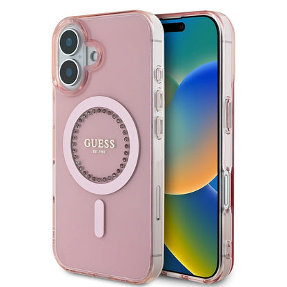 Puzdro MagSafe pre Apple iPhone 16, Guess, IML Rhinestones Ring, Ružové GUHMP16SPFTDTEP