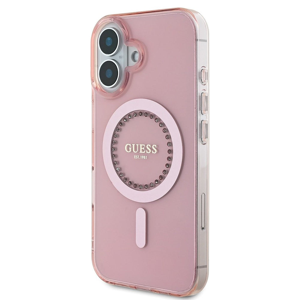 Puzdro MagSafe pre Apple iPhone 16, Guess, IML Rhinestones Ring, Ružové GUHMP16SPFTDTEP