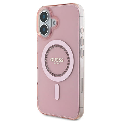 Puzdro MagSafe pre Apple iPhone 16, Guess, IML Rhinestones Ring, Ružové GUHMP16SPFTDTEP