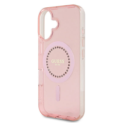 Puzdro MagSafe pre Apple iPhone 16, Guess, IML Rhinestones Ring, Ružové GUHMP16SPFTDTEP