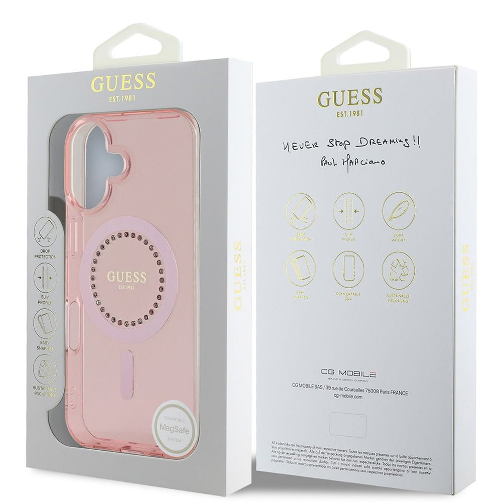 Puzdro MagSafe pre Apple iPhone 16, Guess, IML Rhinestones Ring, Ružové GUHMP16SPFTDTEP