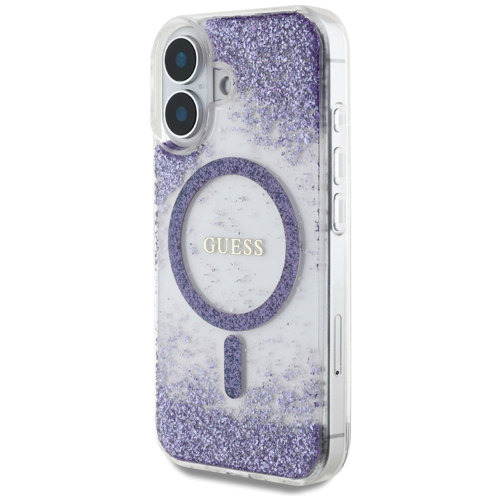 Puzdro MagSafe pre Apple iPhone 16, Guess, Resin Bottom Glitter, Fialové
