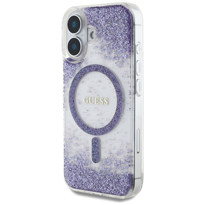 Puzdro MagSafe pre Apple iPhone 16, Guess, Resin Bottom Glitter, Fialové