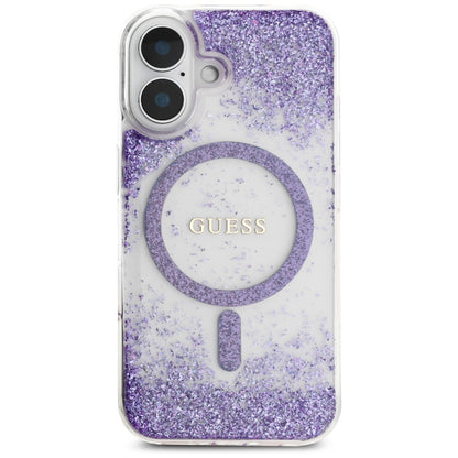 Puzdro MagSafe pre Apple iPhone 16, Guess, Resin Bottom Glitter, Fialové