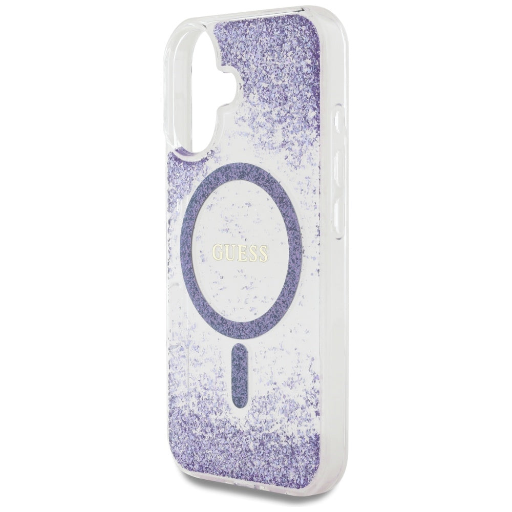 Puzdro MagSafe pre Apple iPhone 16, Guess, Resin Bottom Glitter, Fialové