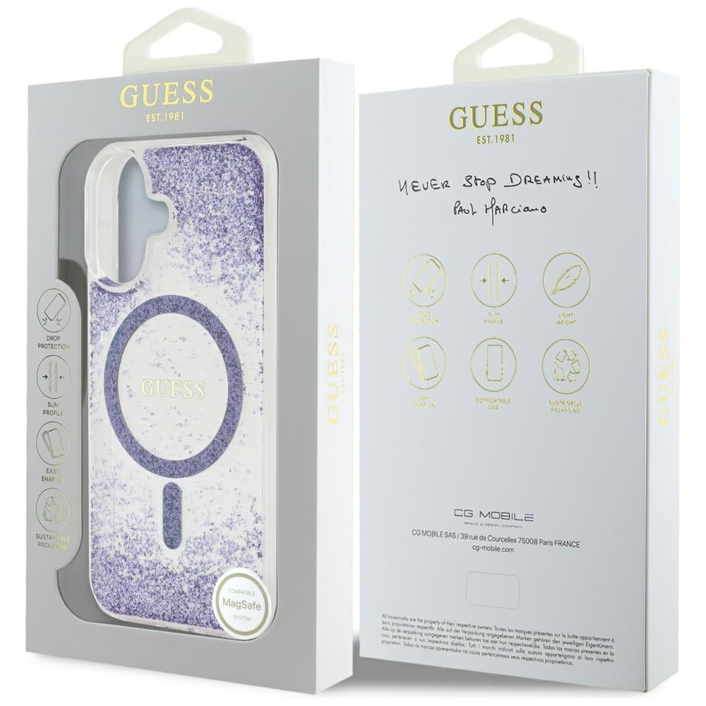 Puzdro MagSafe pre Apple iPhone 16, Guess, Resin Bottom Glitter, Fialové