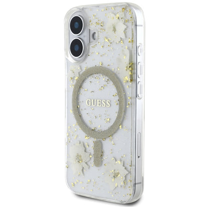Puzdro MagSafe pre Apple iPhone 16, Guess, Resin Flowers and Glitter, Bežové