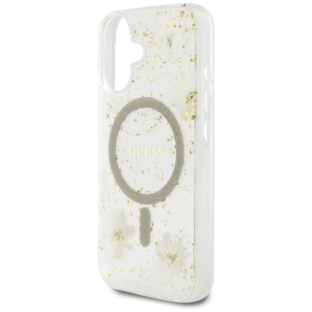Puzdro MagSafe pre Apple iPhone 16, Guess, Resin Flowers and Glitter, Bežové