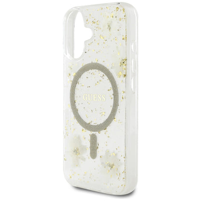 Puzdro MagSafe pre Apple iPhone 16, Guess, Resin Flowers and Glitter, Bežové