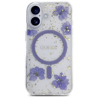 Puzdro MagSafe pre Apple iPhone 16, Guess, Resin Flowers and Glitter, Fialová