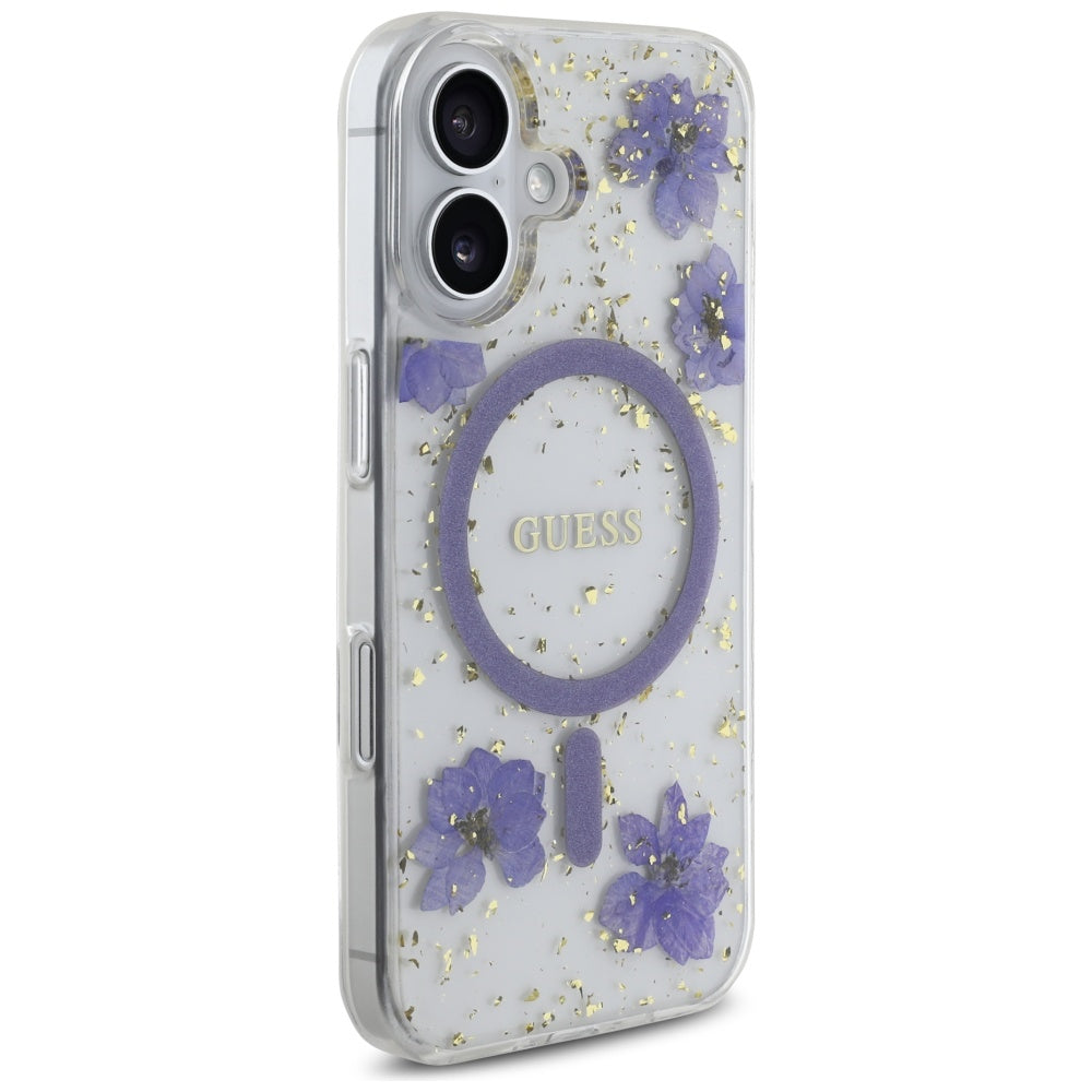 Puzdro MagSafe pre Apple iPhone 16, Guess, Resin Flowers and Glitter, Fialová