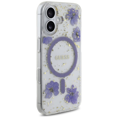 Puzdro MagSafe pre Apple iPhone 16, Guess, Resin Flowers and Glitter, Fialová