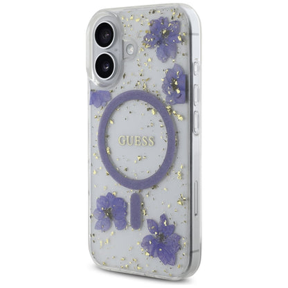 Puzdro MagSafe pre Apple iPhone 16, Guess, Resin Flowers and Glitter, Fialová