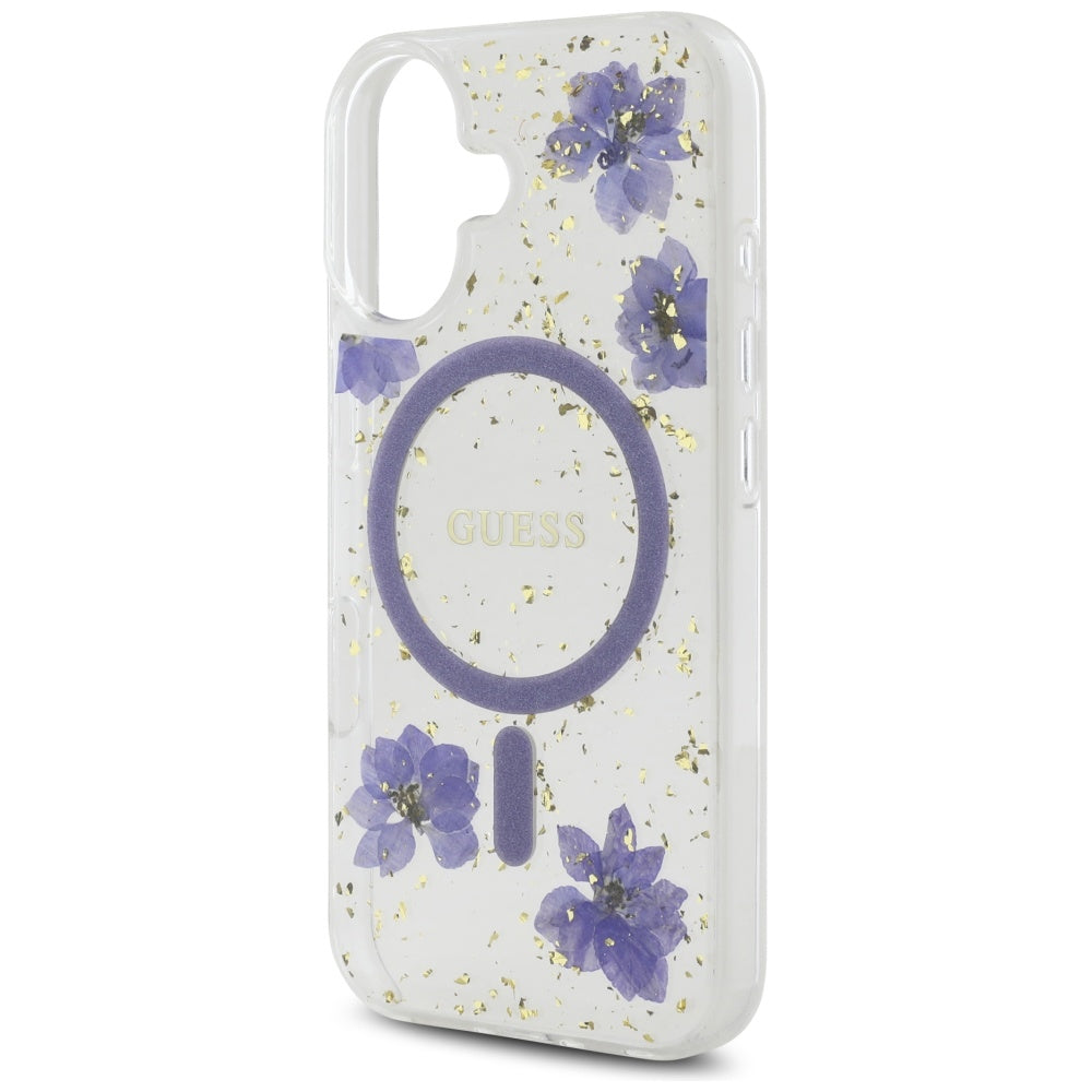 Puzdro MagSafe pre Apple iPhone 16, Guess, Resin Flowers and Glitter, Fialová