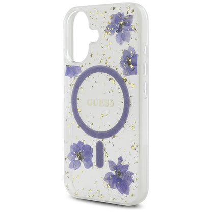 Puzdro MagSafe pre Apple iPhone 16, Guess, Resin Flowers and Glitter, Fialová