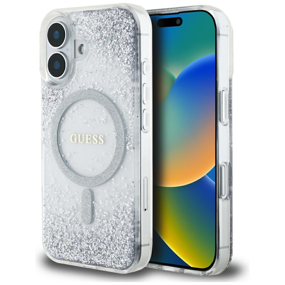 Puzdro MagSafe pre Apple iPhone 16, Guess, Resin Gradient Glitter, Strieborné