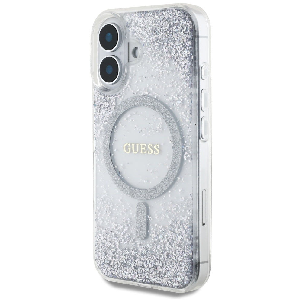 Puzdro MagSafe pre Apple iPhone 16, Guess, Resin Gradient Glitter, Strieborné