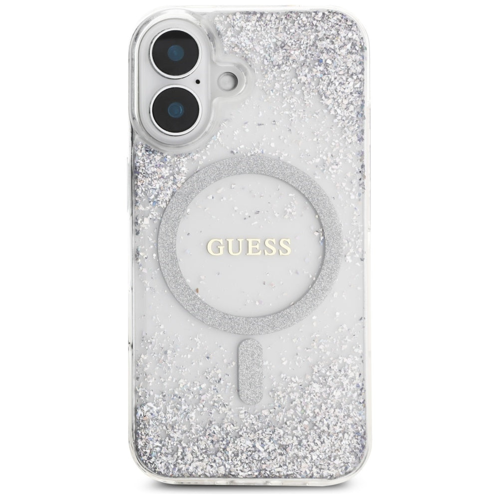 Puzdro MagSafe pre Apple iPhone 16, Guess, Resin Gradient Glitter, Strieborné