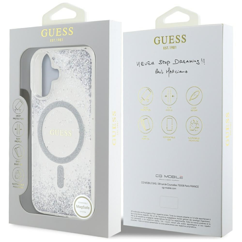 Puzdro MagSafe pre Apple iPhone 16, Guess, Resin Gradient Glitter, Strieborné