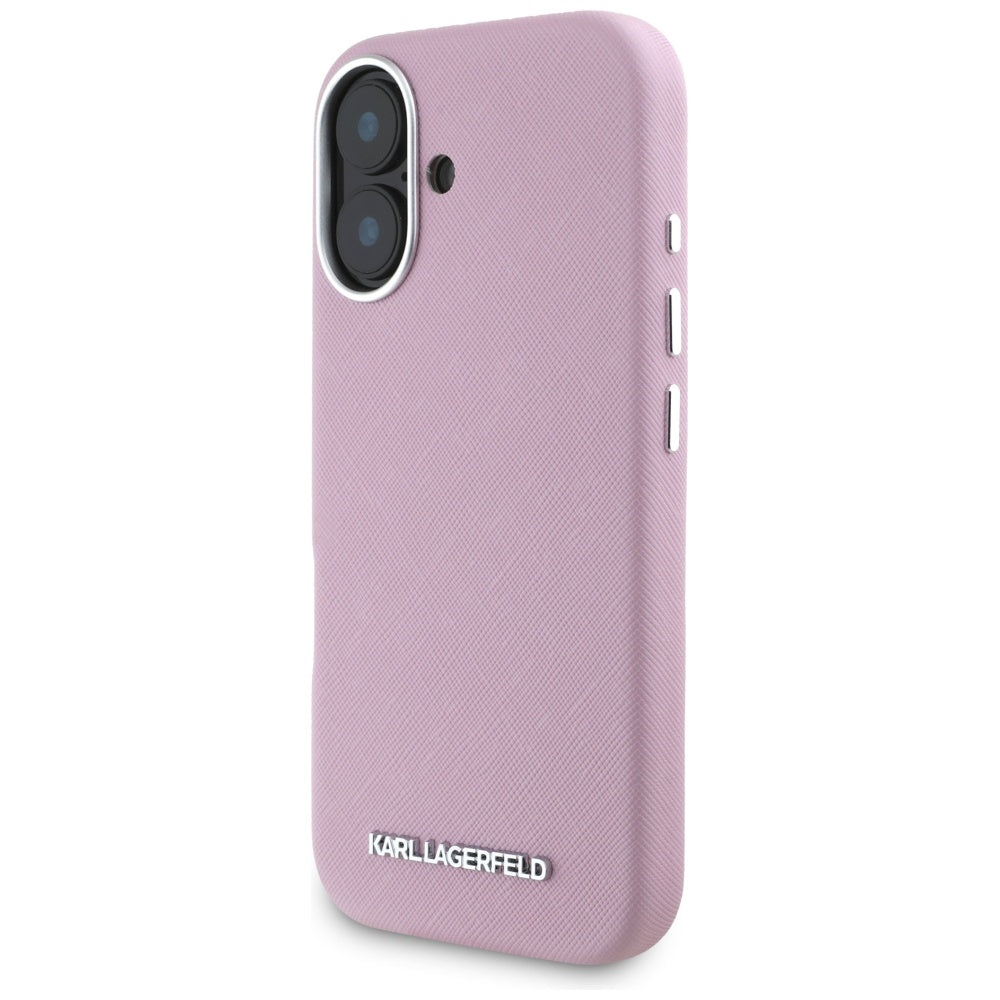 Puzdro MagSafe pre Apple iPhone 16, Karl Lagerfeld, Saffiano Full Wrapped Elongated Metal Logo, Ružová