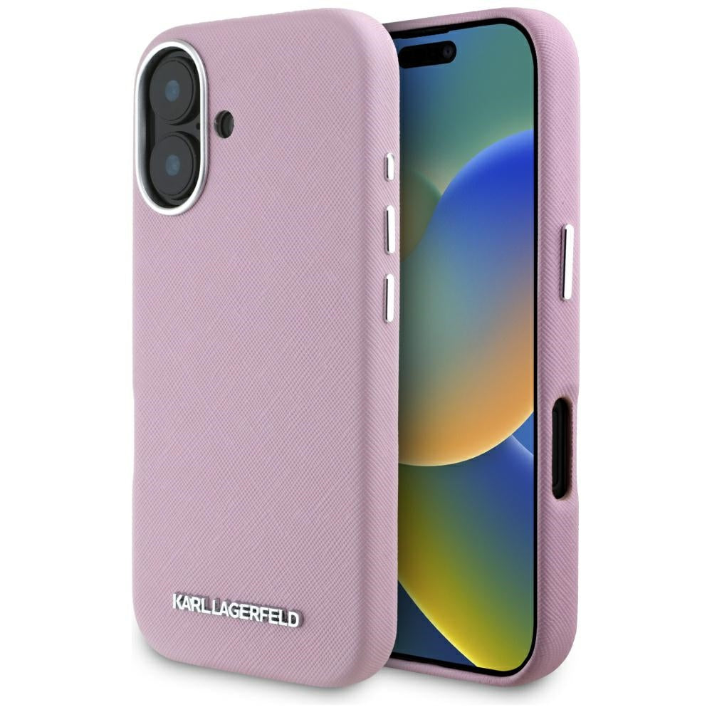 Puzdro MagSafe pre Apple iPhone 16, Karl Lagerfeld, Saffiano Full Wrapped Elongated Metal Logo, Ružová