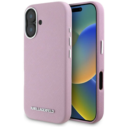 Puzdro MagSafe pre Apple iPhone 16, Karl Lagerfeld, Saffiano Full Wrapped Elongated Metal Logo, Ružová