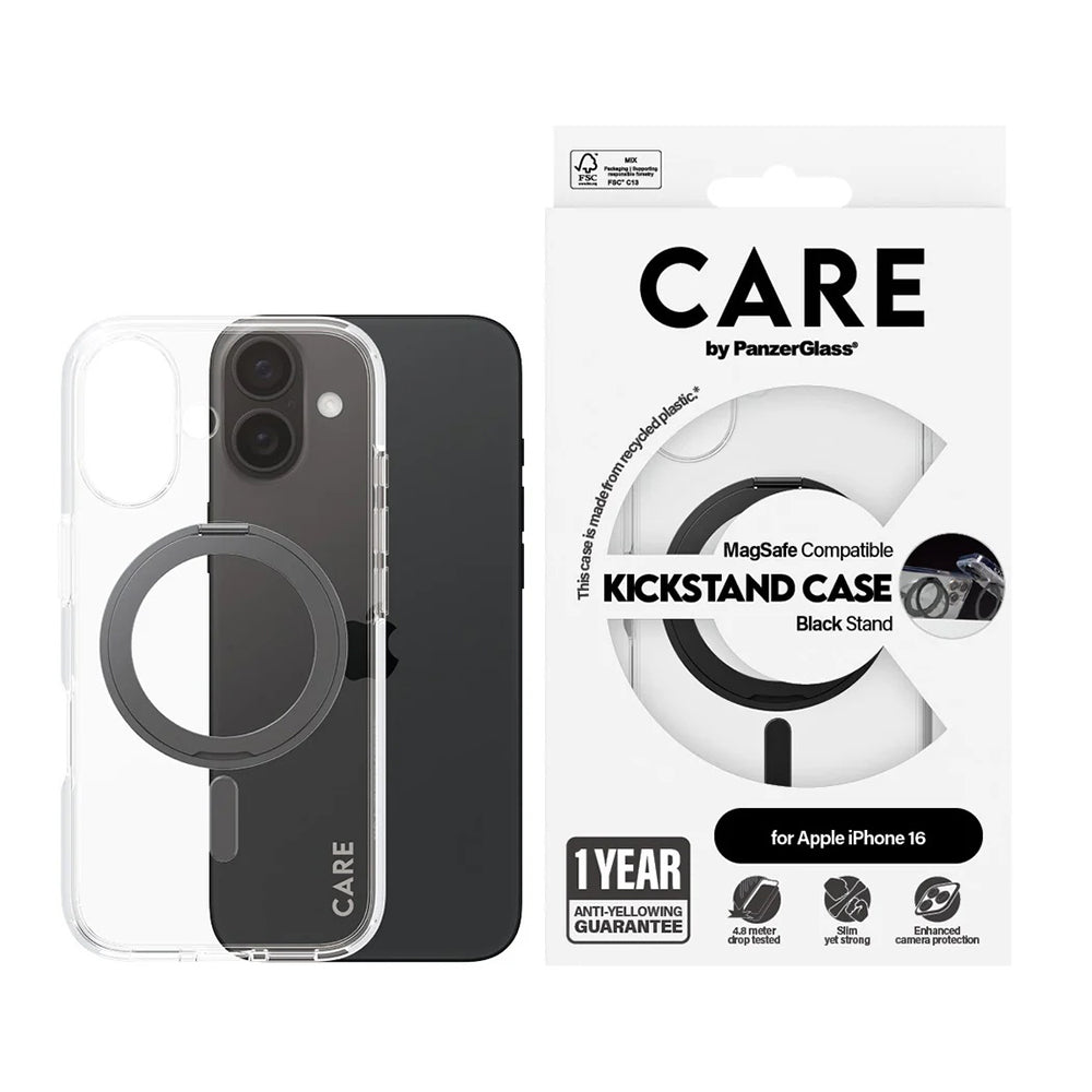 Puzdro MagSafe pre Apple iPhone 16, PanzerGlass, Care Feature Kickstand, Číra Čierna