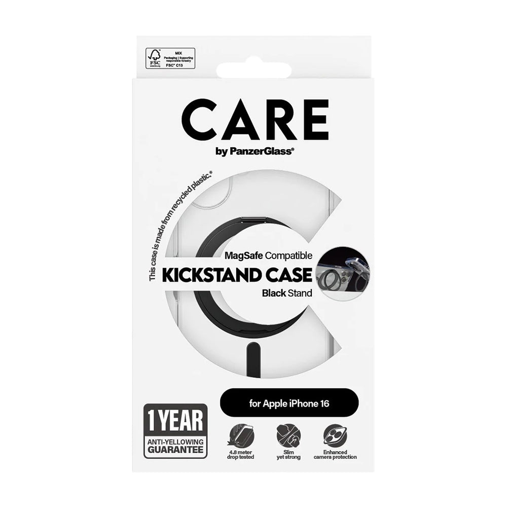 Puzdro MagSafe pre Apple iPhone 16, PanzerGlass, Care Feature Kickstand, Číra Čierna