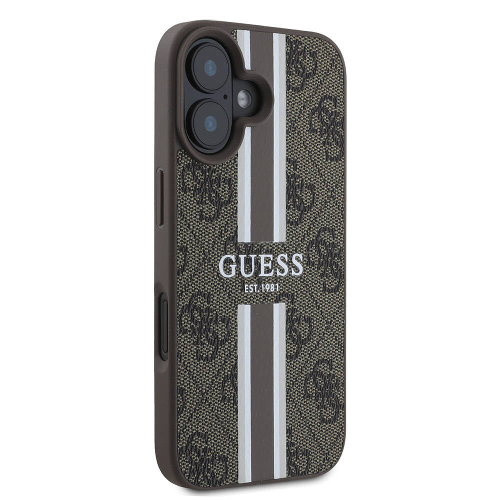 Puzdro MagSafe pre Apple iPhone 16 Plus, Guess, 4G Printed Stripes, Hnedé