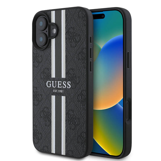 Puzdro MagSafe pre Apple iPhone 16 Plus, Guess, 4G Printed Stripes, Čierne