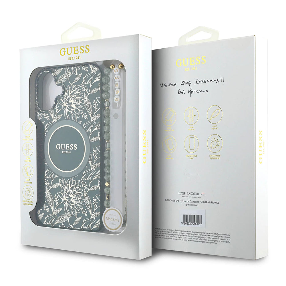 Puzdro MagSafe pre Apple iPhone 16 Plus, Guess, IML Flowers Allover Electroplated with Pearl Strap, Zelené