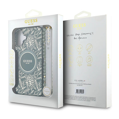 Puzdro MagSafe pre Apple iPhone 16 Plus, Guess, IML Flowers Allover Electroplated with Pearl Strap, Zelené