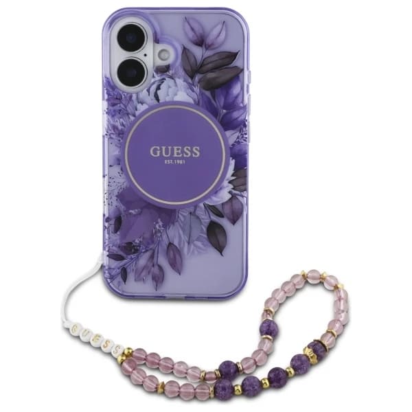 Puzdro MagSafe pre Apple iPhone 16 Plus, Guess, IML Flowers with Pearl Strap, Fialové