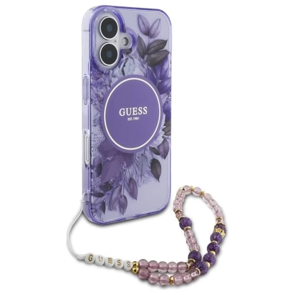 Puzdro MagSafe pre Apple iPhone 16 Plus, Guess, IML Flowers with Pearl Strap, Fialové