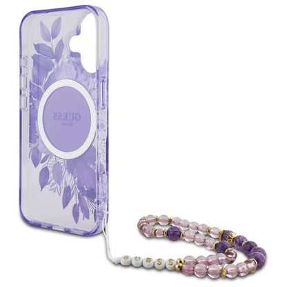 Puzdro MagSafe pre Apple iPhone 16 Plus, Guess, IML Flowers with Pearl Strap, Fialové