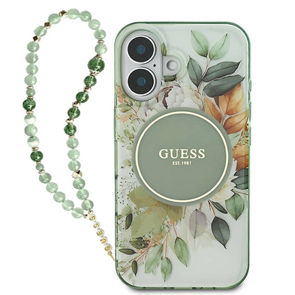 Puzdro MagSafe pre Apple iPhone 16 Plus, Guess, IML Flowers with Pearl Strap, Zelené
