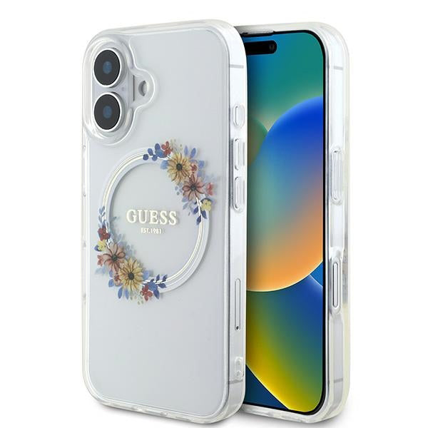 Puzdro MagSafe pre Apple iPhone 16 Plus, Guess, IML Flowers Wreath, Transparentné