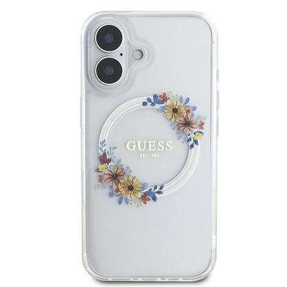 Puzdro MagSafe pre Apple iPhone 16 Plus, Guess, IML Flowers Wreath, Transparentné