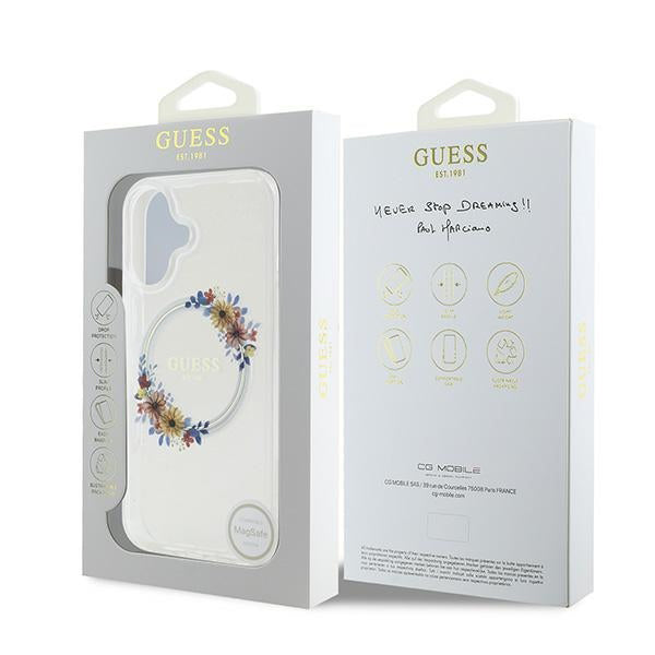 Puzdro MagSafe pre Apple iPhone 16 Plus, Guess, IML Flowers Wreath, Transparentné