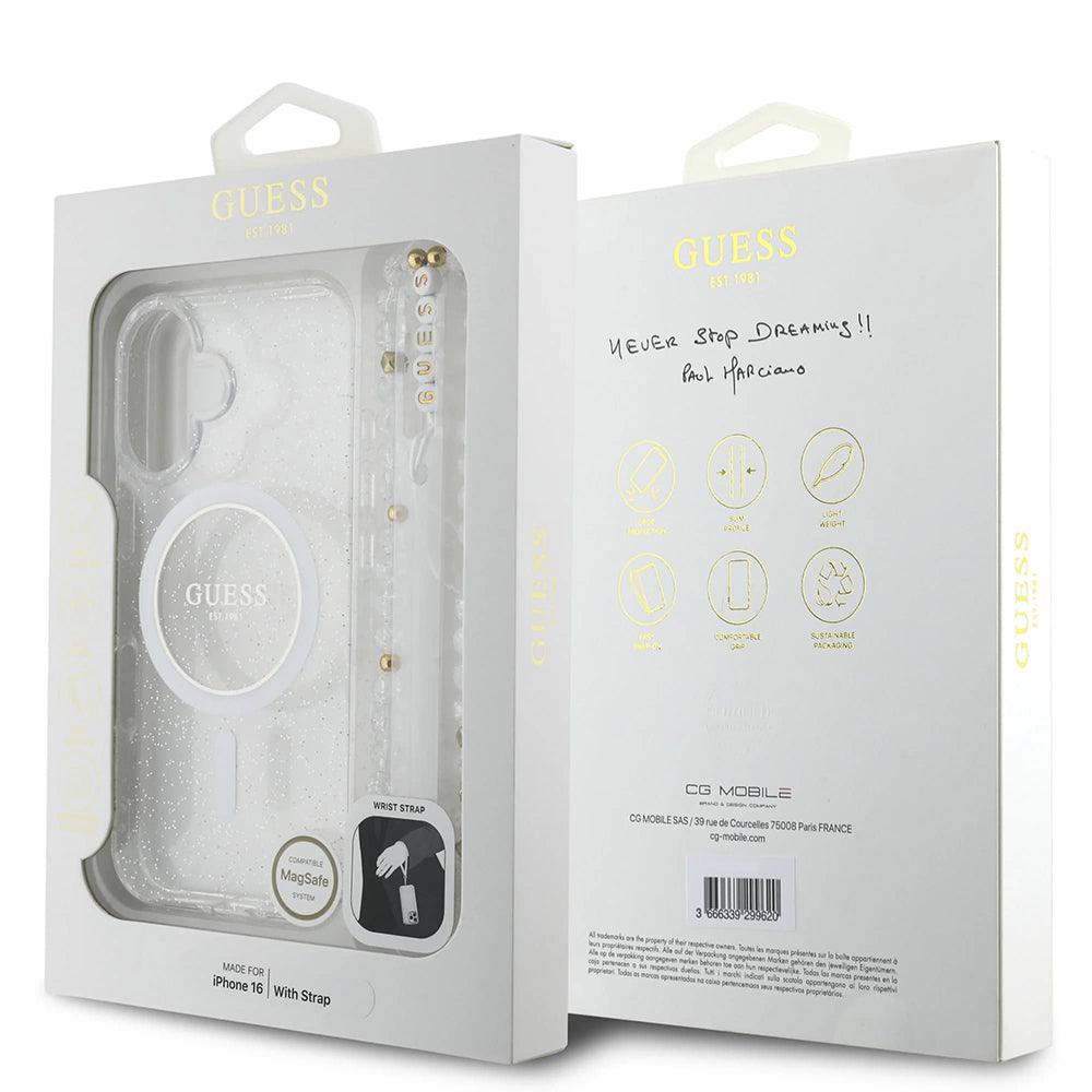 Puzdro MagSafe pre Apple iPhone 16 Plus, Guess, IML Glitter with Pearl Strap, Transparentné