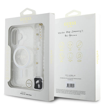 Puzdro MagSafe pre Apple iPhone 16 Plus, Guess, IML Glitter with Pearl Strap, Transparentné