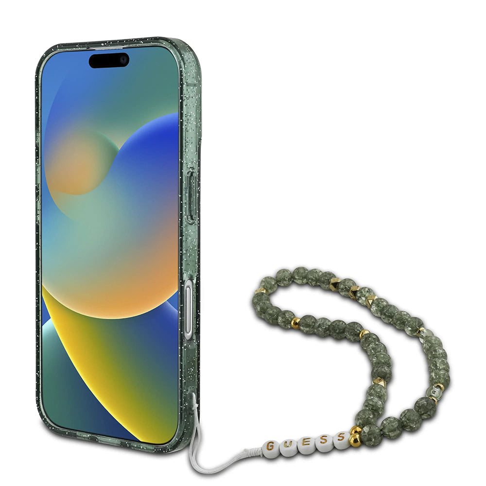 Puzdro MagSafe pre Apple iPhone 16 Plus, Guess, IML Glitter with Pearl Strap, Zelená