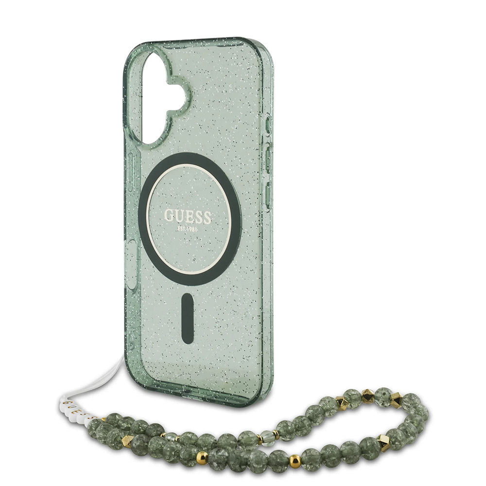 Puzdro MagSafe pre Apple iPhone 16 Plus, Guess, IML Glitter with Pearl Strap, Zelená