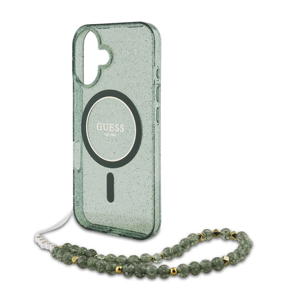 Puzdro MagSafe pre Apple iPhone 16 Plus, Guess, IML Glitter with Pearl Strap, Zelená