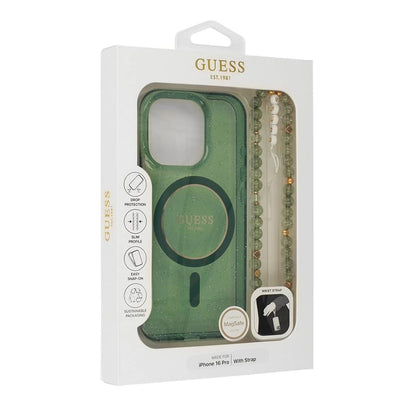 Puzdro MagSafe pre Apple iPhone 16 Plus, Guess, IML Glitter with Pearl Strap, Zelená