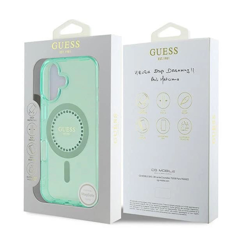 MagSafe Case for Apple iPhone 16 Plus, Guess, IML Rhinestone, Green