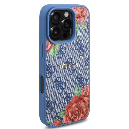 Puzdro MagSafe pre Apple iPhone 16 Pro, Guess, 4G Flowers Print, Modrá